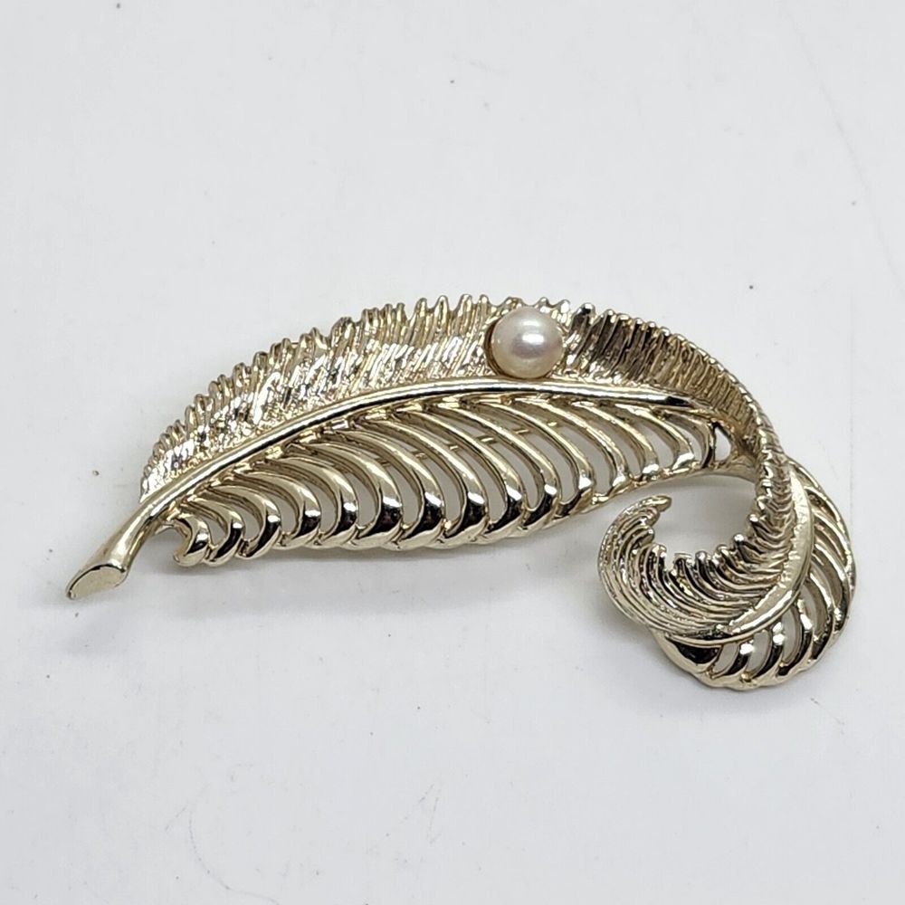 Vintage Marboux Gold‎ Tone Faux Pearl Feather Brooch